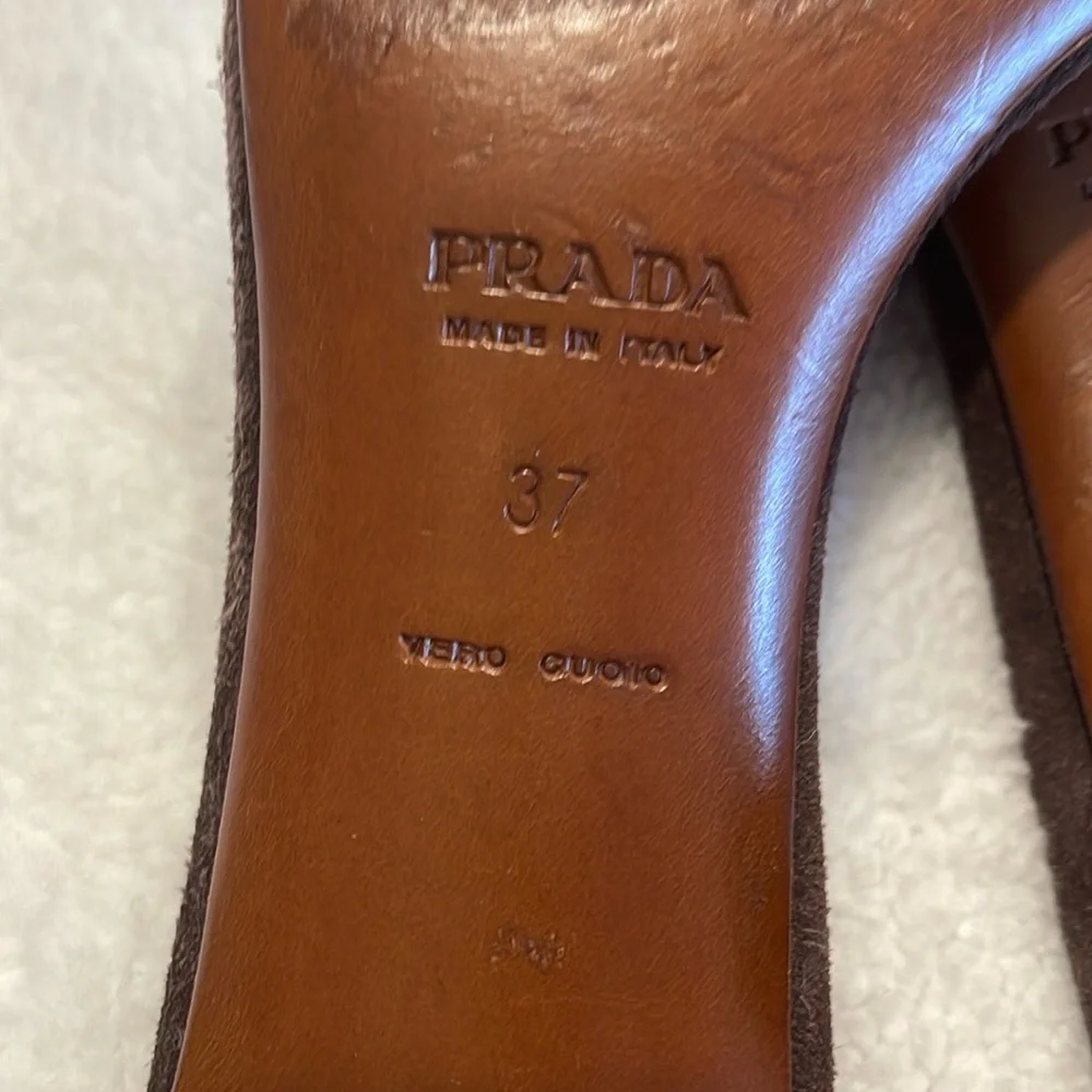 Prada Low Mule Heel Silver Hardware Grommet Brown Suede Sandal Size EU 37 EUC! - Picture 3 of 5